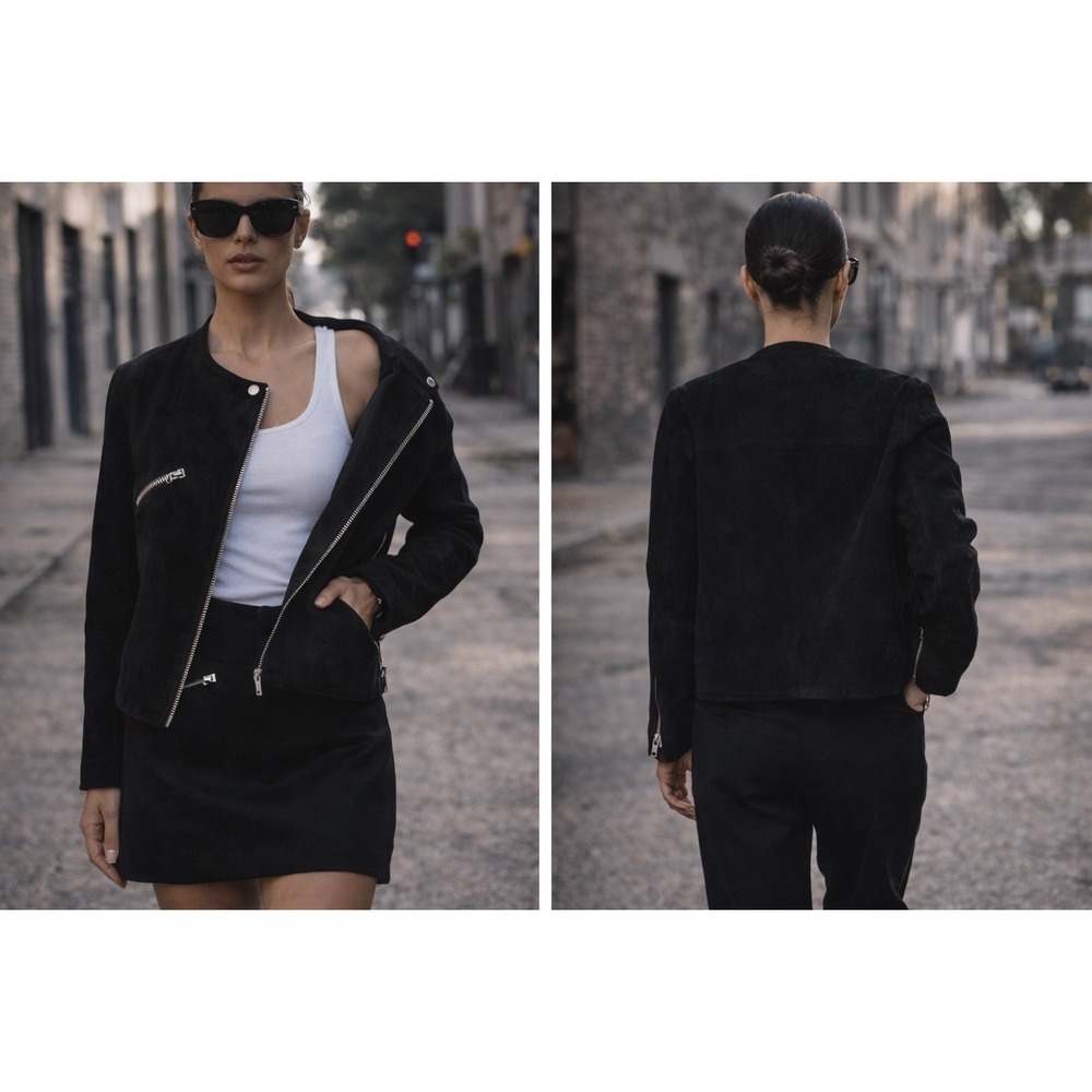 Acne Studios Suede Jacket Womens Size M Black Asymmetrical Zip Collarless‎